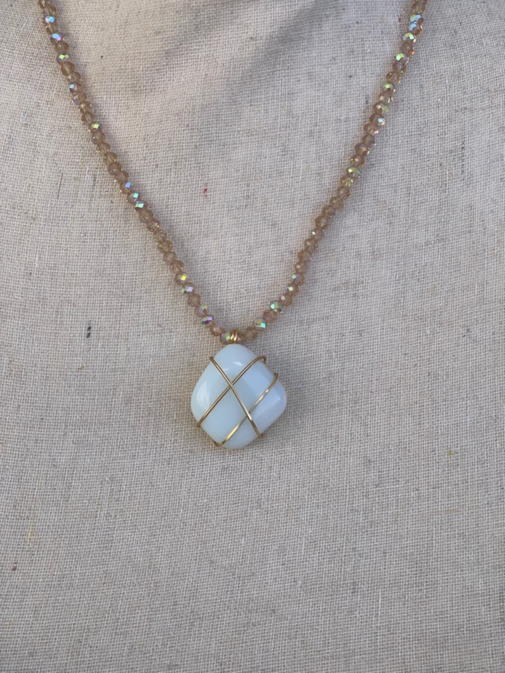 Milky White Opalite Gold Tone Wire Wrap on a Glass White AB Beaded Chain - Picture 4 of 5